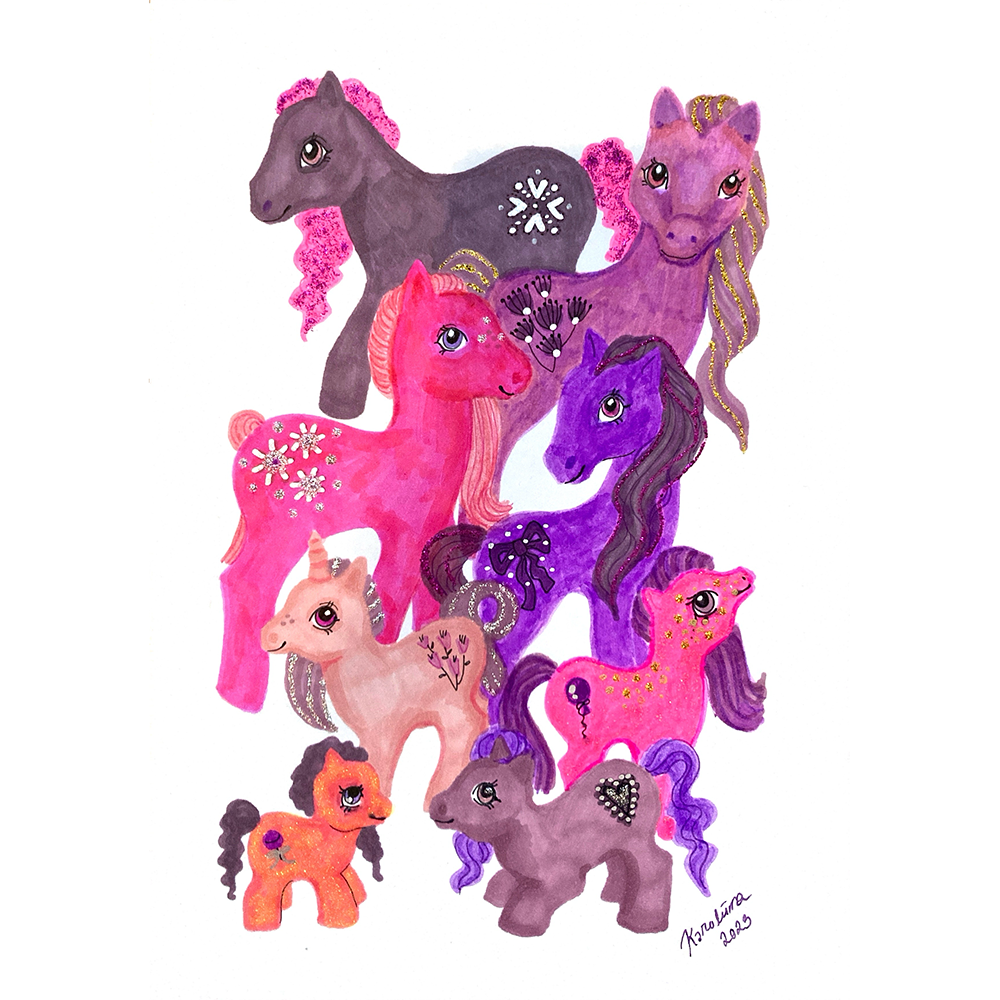 Pink ponies A4 sekatekniikka