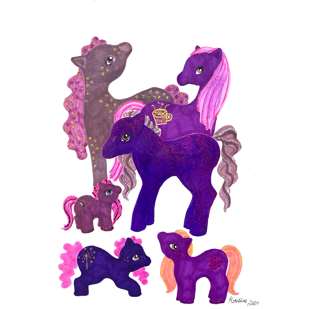 Purple ponies A4 sekatekniikka